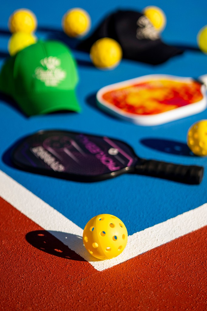 Pickleball and paddles on a sunny outdoor court